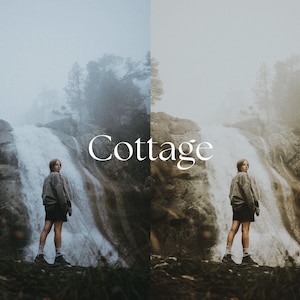 May include: A person standing in front of a waterfall in a misty forest. The person is wearing a brown jacket and black shorts. The word "Cottage" is written in white text on the image.