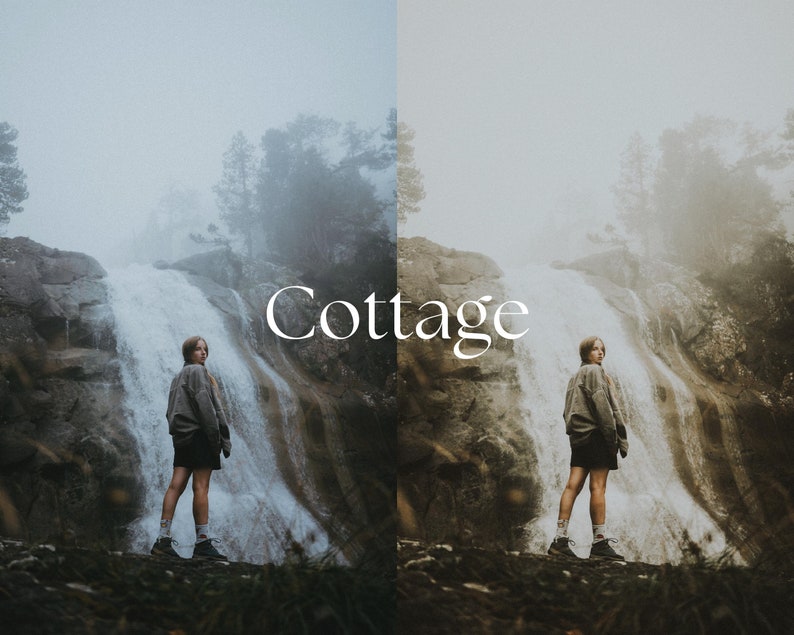 May include: A person standing in front of a waterfall in a misty forest. The person is wearing a brown jacket and black shorts. The word "Cottage" is written in white text on the image.