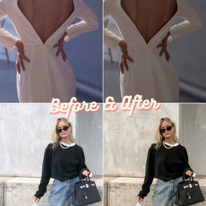 May include: Before and after photo showing a woman wearing a white dress and then a black sweater, light blue jeans, and a black handbag. The woman is wearing sunglasses in the second photo.