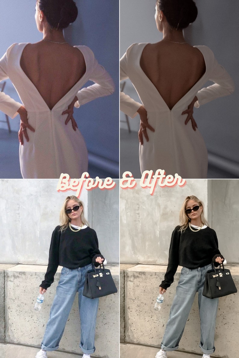 May include: Before and after photo showing a woman wearing a white dress and then a black sweater, light blue jeans, and a black handbag. The woman is wearing sunglasses in the second photo.