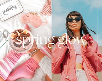 Puede incluir: Un collage de imágenes con un tazón de desayuno rosa y blanco con un diseño de unicornio, una máscara para los ojos rosa con orejas de gato, un calcetín a rayas rosa y blanco y una mujer con una chaqueta rosa y gafas de sol. El texto "spring glow" está escrito en letras blancas sobre un fondo rosa.
