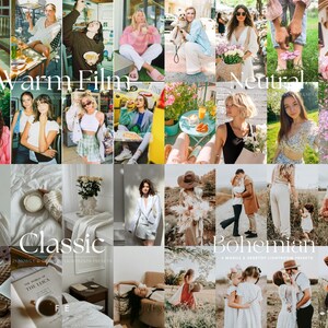 May include: A collage of images showcasing different photo editing presets. The presets are categorized as Warm Film, Neutral, Classic, and Bohemian. Each category features a variety of images with different subjects and settings, demonstrating the unique effects of each preset.