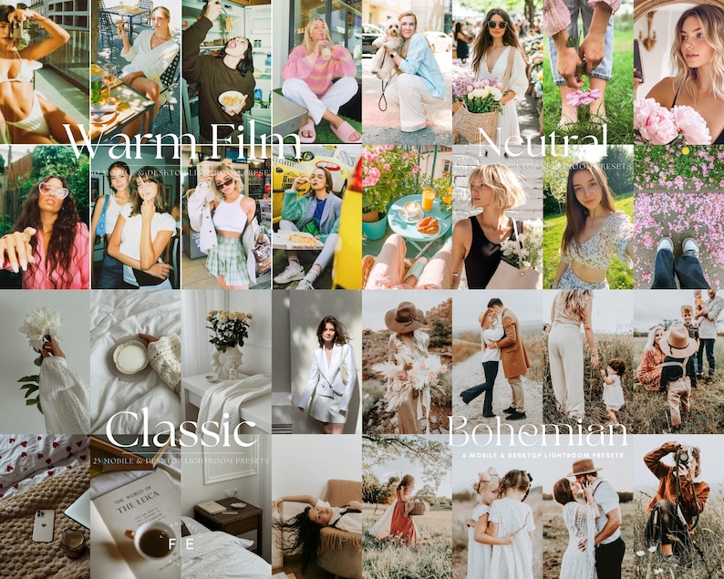 May include: A collage of images showcasing different photo editing presets. The presets are categorized as Warm Film, Neutral, Classic, and Bohemian. Each category features a variety of images with different subjects and settings, demonstrating the unique effects of each preset.