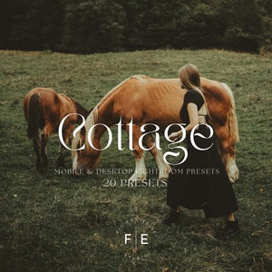 May include: A woman in a black dress walks next to a brown horse in a field. The text "Cottage" is written in a decorative font above the words "Mobile & Desktop Lightroom Presets 20 Presets".