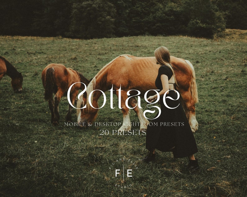May include: A woman in a black dress walks next to a brown horse in a field. The text "Cottage" is written in a decorative font above the words "Mobile & Desktop Lightroom Presets 20 Presets".