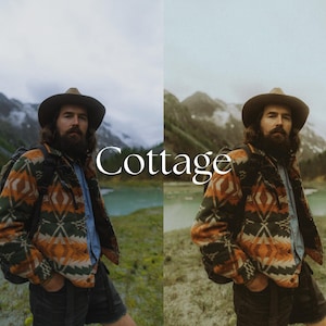 May include: A person wearing a brown hat and a patterned jacket stands in front of a lake and mountains. The text "Cottage" is superimposed on the image.