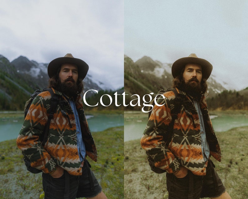 May include: A person wearing a brown hat and a patterned jacket stands in front of a lake and mountains. The text "Cottage" is superimposed on the image.