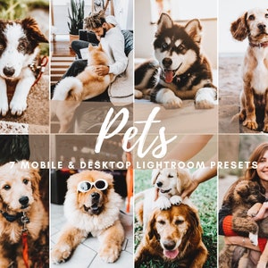 Pu&ograve; includere: Un collage di foto con cani di diverse razze ed et&agrave;. Le foto sono disposte in una griglia e mostrano una variet&agrave; di ambientazioni, come interni ed esterni. Il testo "Pets" e "7 Mobile & Desktop Lightroom Presets" &egrave; visualizzato sul collage.