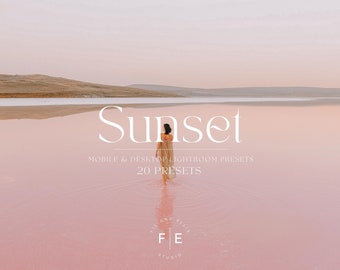 May include: A woman in a long dress walks through a pink lake at sunset. The text "Sunset" is written in a serif font above the woman. The text "Mobile & Desktop Lightroom Presets" is written below the woman. The text "20 Presets" is written below the previous text. The text "Film and Ellie" is written in a circle below the presets text. The text "F|E Studio" is written below the circle.
