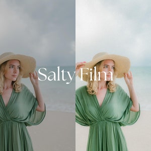 May include: A woman wearing a green dress and a straw hat stands on a beach with the text "Salty Film" superimposed on the image.