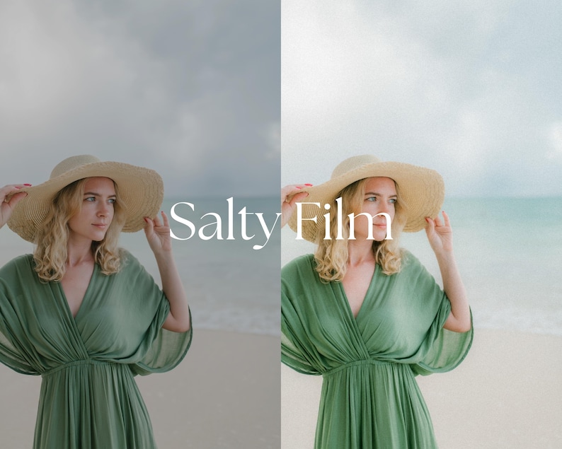 May include: A woman wearing a green dress and a straw hat stands on a beach with the text "Salty Film" superimposed on the image.