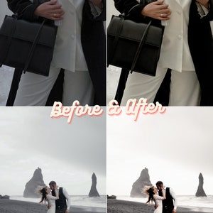 May include: Before and after photo editing comparison. The first image shows a person wearing a white blazer and black pants holding a magazine and a coffee cup. The second image shows the same person with the same outfit but the image has been edited to have a more moody and dramatic look. The second image is a black and white photo with a more dramatic lighting effect. The bottom two images show a couple kissing on a black sand beach with a dramatic sky in the background. The first image is a color photo and the second image is a black and white photo with a more dramatic lighting effect.