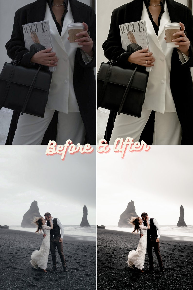 May include: Before and after photo editing comparison. The first image shows a person wearing a white blazer and black pants holding a magazine and a coffee cup. The second image shows the same person with the same outfit but the image has been edited to have a more moody and dramatic look. The second image is a black and white photo with a more dramatic lighting effect. The bottom two images show a couple kissing on a black sand beach with a dramatic sky in the background. The first image is a color photo and the second image is a black and white photo with a more dramatic lighting effect.