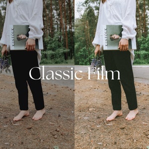 Op de afbeelding: Een persoon in een wit shirt en een zwarte broek houdt een tijdschrift vast met de titel "Kinfolk" in een bosrijke omgeving. De afbeelding heeft een vintage film esthetiek.