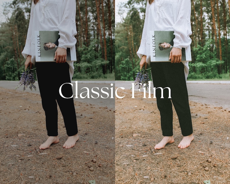 Op de afbeelding: Een persoon in een wit shirt en een zwarte broek houdt een tijdschrift vast met de titel "Kinfolk" in een bosrijke omgeving. De afbeelding heeft een vintage film esthetiek.