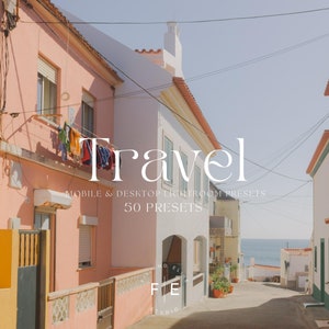 May include: A photo of a narrow street in a coastal town with colorful buildings. The text "Travel" is superimposed on the image, along with the words "Mobile & Desktop Lightroom Presets 50 Presets". The text "Find & Edit" is also visible in the image.