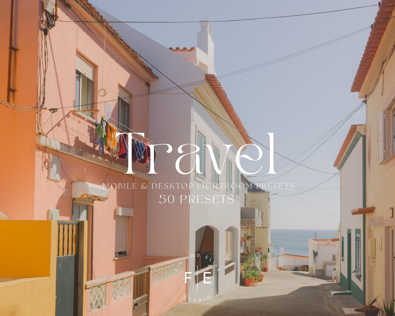 May include: A photo of a narrow street in a coastal town with colorful buildings. The text "Travel" is superimposed on the image, along with the words "Mobile & Desktop Lightroom Presets 50 Presets". The text "Find & Edit" is also visible in the image.