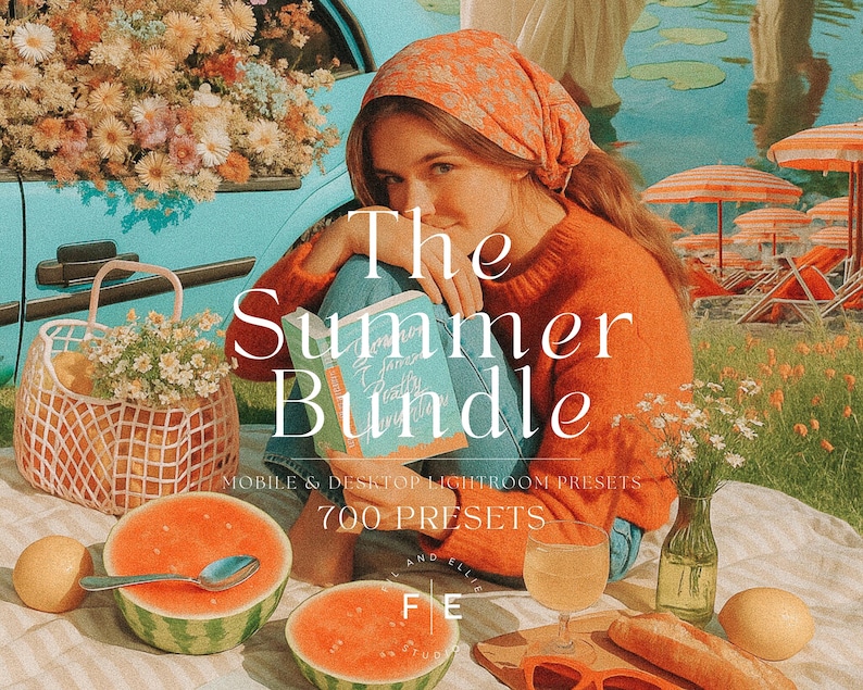 May include: A woman wearing a floral headscarf sits on a blanket with a book that says "The Summer Bundle Mobile & Desktop Lightroom Presets 700 Presets". The image is styled with summery elements like watermelons, flowers, and a wicker basket.
