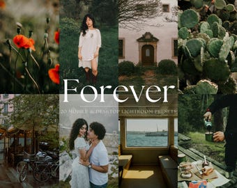 May include: A collage of images featuring a variety of scenes, including a woman in a white dress, a building with a door, a cactus, a couple, a boat on a lake, and a table with food. The text "Forever" and "20 Mobile & Desktop Lightroom Presets" is displayed on the collage.