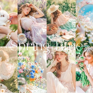 Op de afbeelding: Een collage van afbeeldingen met vrouwen in bloemenjurken en een wit konijn in een bloemenveld. De tekst "Spring Time" is over de afbeelding gelegd.