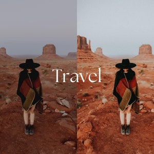 May include: A person wearing a black hat and a patterned shawl stands in a desert landscape with red rock formations. The word "Travel" is written in white across the image.