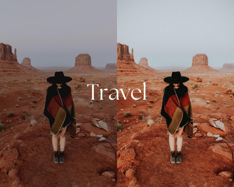May include: A person wearing a black hat and a patterned shawl stands in a desert landscape with red rock formations. The word "Travel" is written in white across the image.