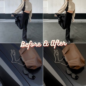 May include: Before and after photo showing a woman wearing a beige sweater, black pants, and black shoes. The photo on the left shows the original image, while the photo on the right shows the image after editing. The bottom of the image shows a brown leather purse and black sunglasses on a dark gray car.
