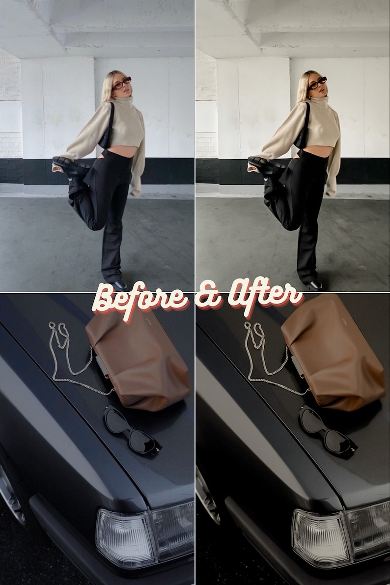 May include: Before and after photo showing a woman wearing a beige sweater, black pants, and black shoes. The photo on the left shows the original image, while the photo on the right shows the image after editing. The bottom of the image shows a brown leather purse and black sunglasses on a dark gray car.