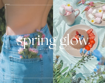 Puede incluir: Un collage de fotos que presenta a una mujer con jeans azules con flores rosas en el bolsillo trasero y un plato de pudín de chocolate con fresas y arándanos sobre un mantel azul claro. El texto "spring glow 20 mobile & desktop lightroom presets" se muestra en la imagen.