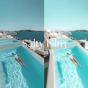 May include: A woman floats in a turquoise pool overlooking a blue ocean and white buildings. The text "Salty Film" is superimposed on the image.