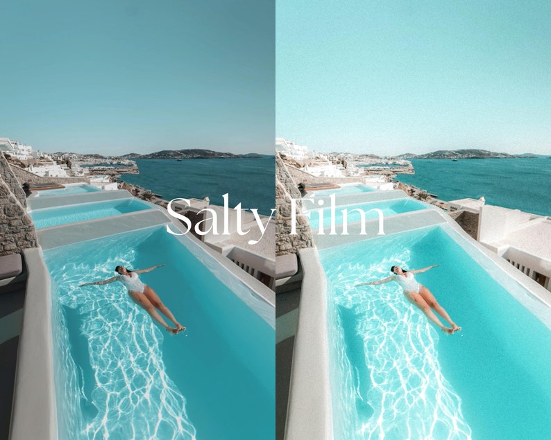 May include: A woman floats in a turquoise pool overlooking a blue ocean and white buildings. The text "Salty Film" is superimposed on the image.