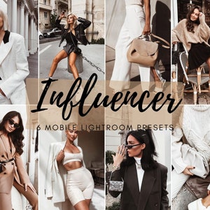 May include: A collage of six images featuring women wearing stylish outfits in various settings. The images are arranged in a grid pattern and feature a text overlay that reads "Influencer 6 Mobile Lightroom Presets".