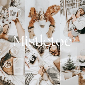 May include: A set of 9 digital presets for editing photos with a warm, cosy, and wintery aesthetic. The presets are called "Mistletoe" and are designed to enhance the colours and tones of photos taken during the holiday season. The image shows a variety of photos that have been edited with the presets, including a couple in a snowy forest, a cosy living room with a fireplace, and a close-up of a mug of hot chocolate.