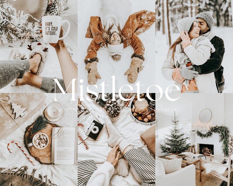 May include: A set of 9 digital presets for editing photos with a warm, cosy, and wintery aesthetic. The presets are called "Mistletoe" and are designed to enhance the colours and tones of photos taken during the holiday season. The image shows a variety of photos that have been edited with the presets, including a couple in a snowy forest, a cosy living room with a fireplace, and a close-up of a mug of hot chocolate.