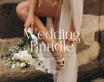 May include: A bride wearing a white wedding dress with a beaded design and white heels. She is holding a bouquet of white flowers and greenery. The text "Wedding Bundle" is superimposed on the image, along with the text "Mobile & Desktop Lightroom Presets 600+ Presets and FIE STUDIO."