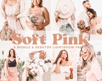 May include: A collection of 8 mobile and desktop Lightroom presets with a soft pink color theme. The presets are designed to enhance photos with a warm, dreamy, and romantic aesthetic.