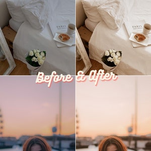 Pu&ograve; includere: Confronto prima e dopo la modifica delle foto. La fila superiore mostra un letto con biancheria da letto e cuscini bianchi. La fila inferiore mostra una donna con i capelli rossi in piedi davanti a un tramonto con una ruota panoramica sullo sfondo. Il testo "Paris, Mon Amour" &egrave; visibile nella fila superiore.