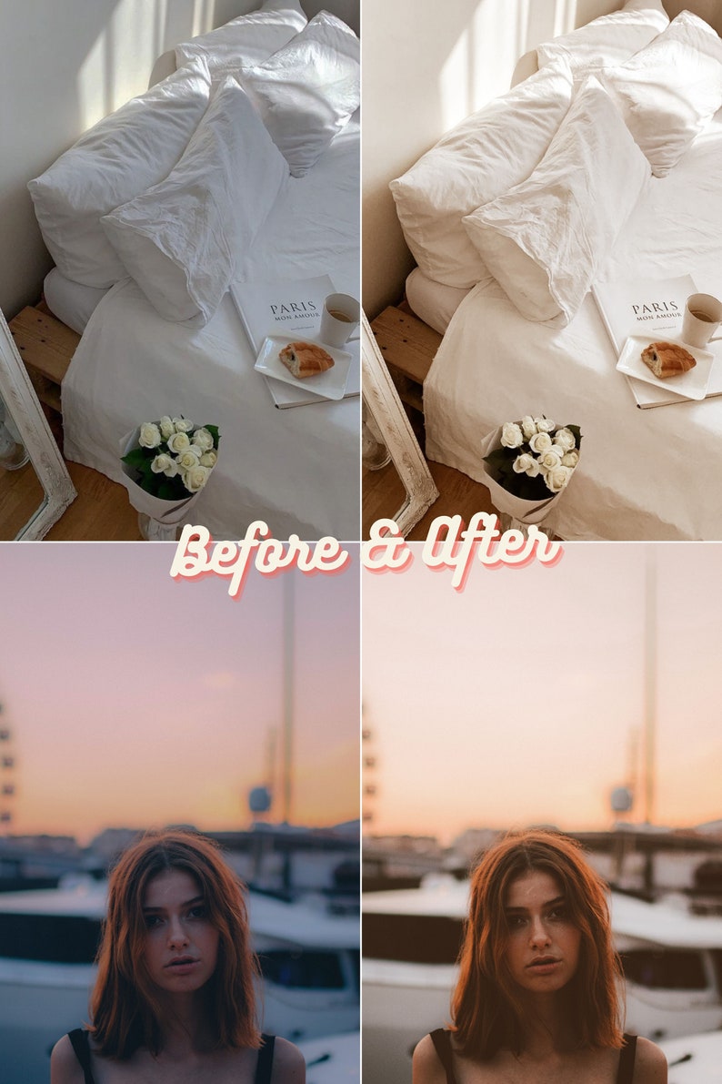 Pu&ograve; includere: Confronto prima e dopo la modifica delle foto. La fila superiore mostra un letto con biancheria da letto e cuscini bianchi. La fila inferiore mostra una donna con i capelli rossi in piedi davanti a un tramonto con una ruota panoramica sullo sfondo. Il testo "Paris, Mon Amour" &egrave; visibile nella fila superiore.