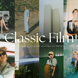 Op de afbeelding: Een collage van afbeeldingen die verschillende mensen en plaatsen laten zien, met de tekst "Classic Film 50 Mobile & Desktop Lightroom Presets" onderaan.