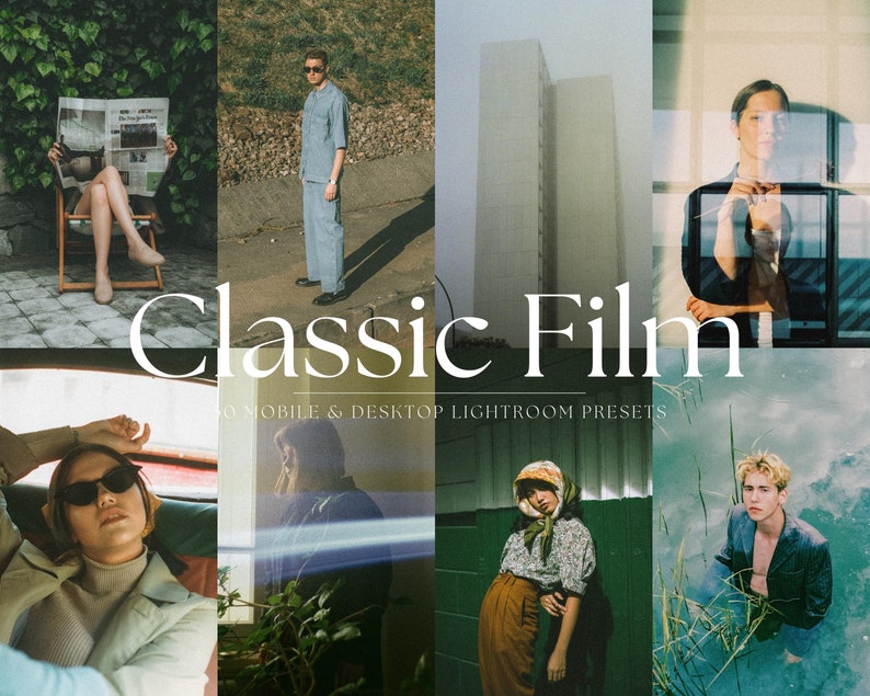 Op de afbeelding: Een collage van afbeeldingen die verschillende mensen en plaatsen laten zien, met de tekst "Classic Film 50 Mobile & Desktop Lightroom Presets" onderaan.