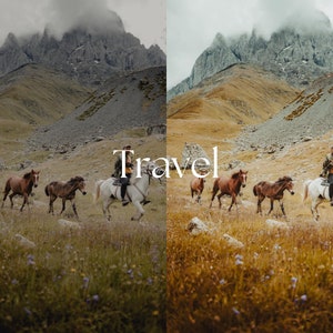 May include: A scenic landscape featuring a herd of horses and riders traversing a grassy field. The text "Travel" is overlaid on the image. Mountains and a cloudy sky form the backdrop, creating a sense of adventure.