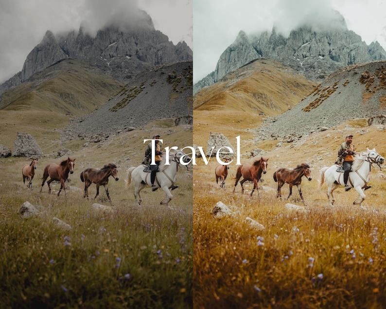 May include: A scenic landscape featuring a herd of horses and riders traversing a grassy field. The text "Travel" is overlaid on the image. Mountains and a cloudy sky form the backdrop, creating a sense of adventure.