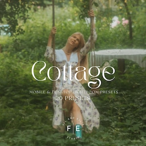 May include: A woman wearing a white dress with floral print sits on a swing in a lush green garden. The text "Cottage" is written in a decorative font above her, with the words "Mobile & Desktop Lightroom Presets 20 Presets" below. The text "Film and Ellie Studio" is at the bottom of the image.