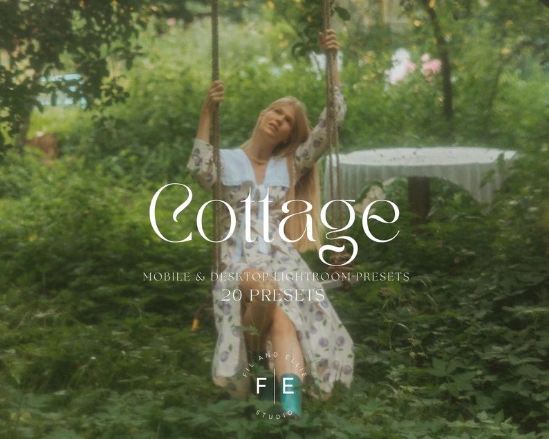 May include: A woman wearing a white dress with floral print sits on a swing in a lush green garden. The text "Cottage" is written in a decorative font above her, with the words "Mobile & Desktop Lightroom Presets 20 Presets" below. The text "Film and Ellie Studio" is at the bottom of the image.