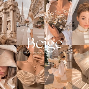 May include: A collage of images featuring a beige colour scheme. The images include a woman in a white shirt holding a bouquet of white flowers, a woman in a beige jumper, a woman in a beige dress, a woman in a beige top, and a woman in a beige hat. The images are set against a backdrop of a Parisian street scene.