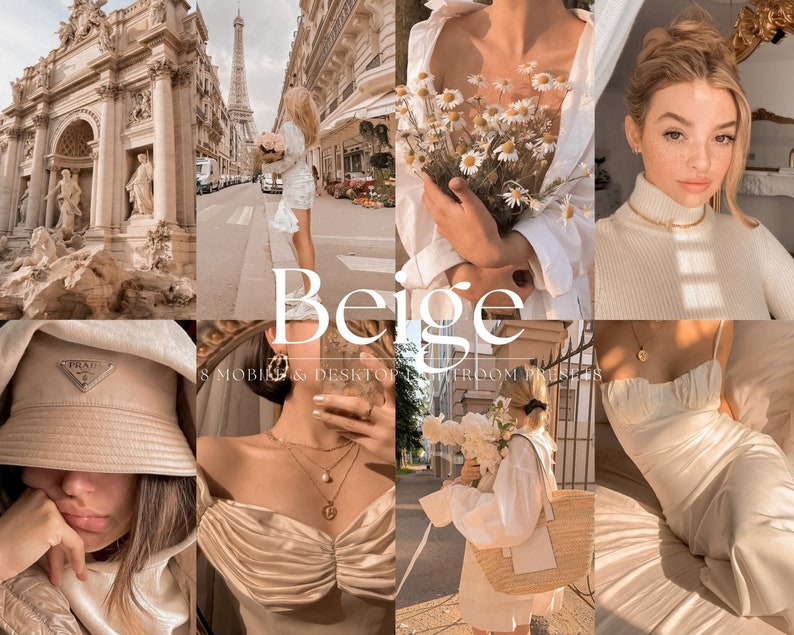 May include: A collage of images featuring a beige colour scheme. The images include a woman in a white shirt holding a bouquet of white flowers, a woman in a beige jumper, a woman in a beige dress, a woman in a beige top, and a woman in a beige hat. The images are set against a backdrop of a Parisian street scene.