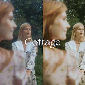 May include: Two women wearing floral dresses with white collars and gold necklaces stand in a forest. The text "Cottage" is superimposed on the image.