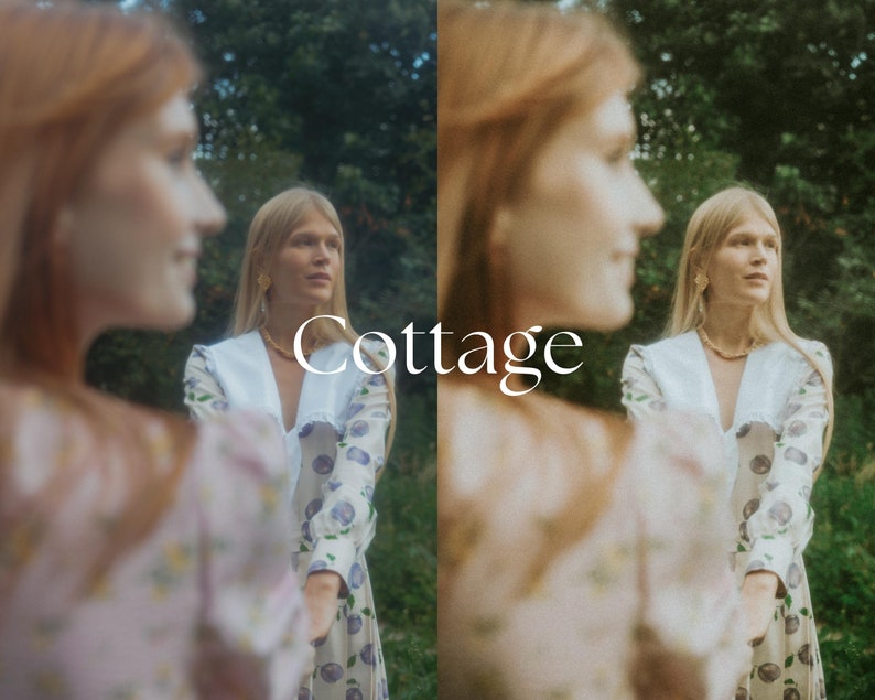 May include: Two women wearing floral dresses with white collars and gold necklaces stand in a forest. The text "Cottage" is superimposed on the image.
