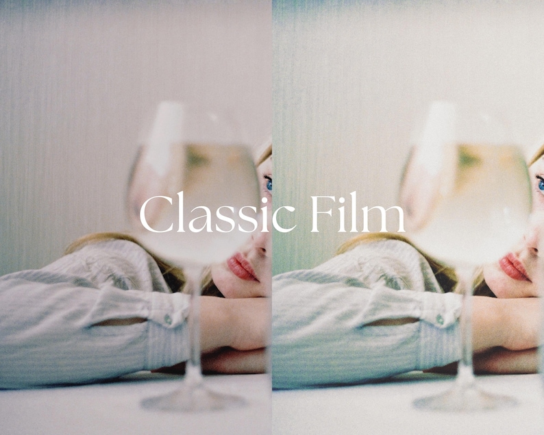 Op de afbeelding: Een vrouw met blond haar rust haar hoofd op haar hand en kijkt naar een glas witte wijn. De afbeelding heeft een vintage film esthetiek en de tekst "Classic Film" is over de afbeelding gelegd.