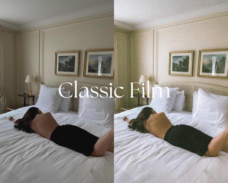 Op de afbeelding: Een vrouw ligt op een wit bed met witte lakens en kussens. Het bed staat in een kamer met witte muren en twee ingelijste foto's aan de muur. De tekst "Classic Film" is over de afbeelding gelegd.